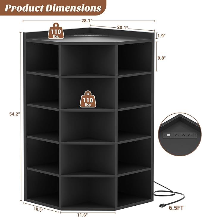 Aheaplus Corner Cube Book Shelf, 6-Tier Corner Cabinet with Power Outlets, Corner Cube Storage Shelf with Top Table, Wooden L Shaped Cubby Bookcase for Home Office, Bedroom, Living Room, Black