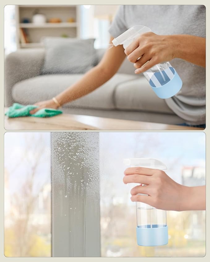 Worldgsb 2 Pack Glass Spray Bottles 8 oz, Empty Refillable Containers with Silicone Sleeve Protection, Glass Spray Bottles for Cleaning Solutions, Hair and Plants with Adjustable Nozzles Blue&Purple