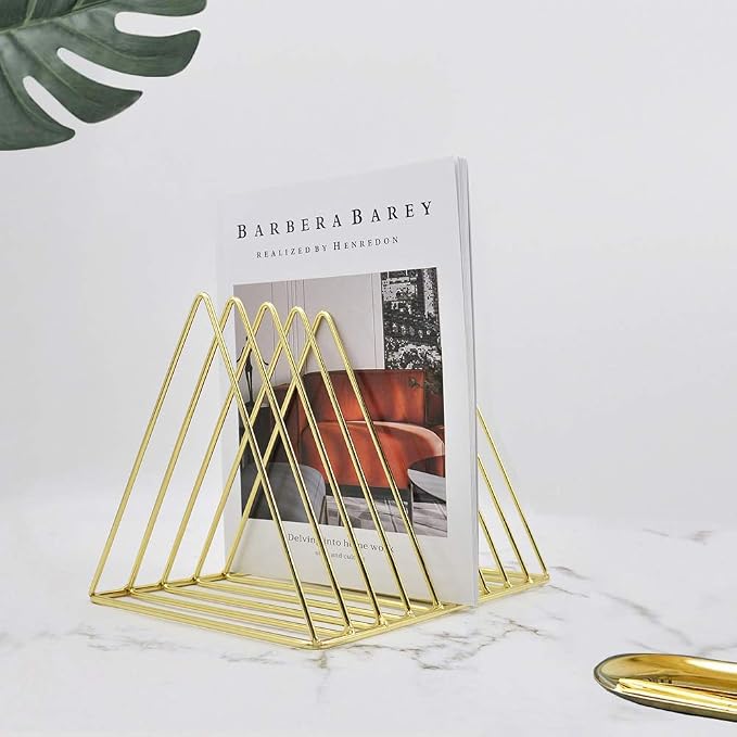 EASEPRES 9 Slot Magazine Rack Book Record Holder, Desktop Iron Storage Rack Bookshelf Multifunction Triangle File Organizer Sorter for Decor Home Office, Golden Pack of 2
