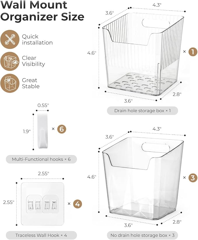 Wall Mount Organizer, 6 Hooks and 4 Pack Cabinet Door Storage Bins, Space-Saving Adhesive Bathroom Wall Organizer, Wall Storage for Office, Cabinet, Pantry, Kitchen, Makeup