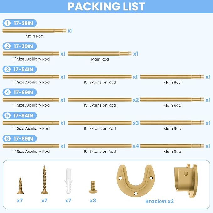 4 Pack Closet Rods for Hanging Clothes, 17 to 39 Inch Heavy Duty Stepless Adjustable Closet Hanging Rod, 1.3 Inch Diameter Metal Closet Rod for Wardrobes Laundry Bedroom RV, Gold