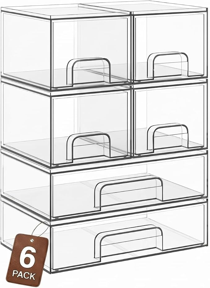 TIPGO Clear Stackable Storage Drawers, Acrylic Bathroom Makeup Organizer, Plastic Bins for Art Tool & Sketch, Sturdy and Durable Containers for Countertop, Cabinet, Vanity, Pantry Organization