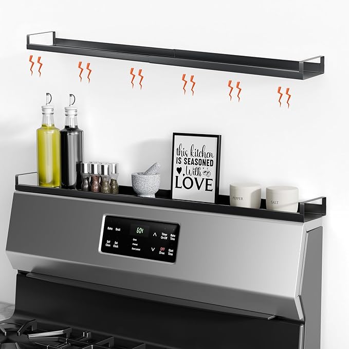 Bumusty 4X Strong Magnetic, 30" Adjustable Low Profile Oven Shelf Spice Rack Over the Stove, Seasoning Organizer Kitchen Shelves, Matte Black size Low Profile