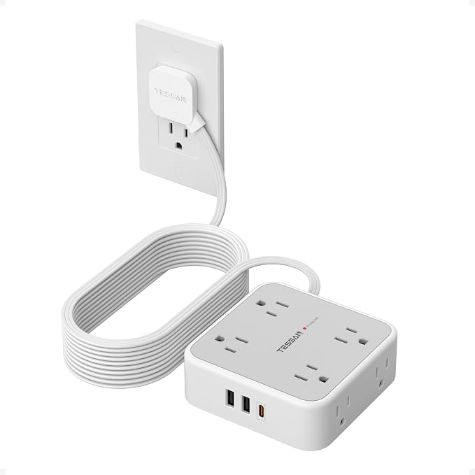 TESSAN Surge Protector Power Strip with 900J Surge Protection, 20 Ft, Grey | 8 AC with 3 USB Ports (1 USB C 20W PD), Flat Plug Extension Cord, 3 Sided Outlet Extender with Power Switch