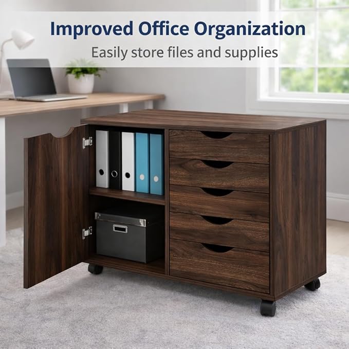 Naomi Home Wooden 5 Drawer Office File Cabinet with Shelves and Wheels, Mobile Storage Cabinet with Drawers for Home Office, Ideal for Under Desk or Printer Stand Use in Brown Oak