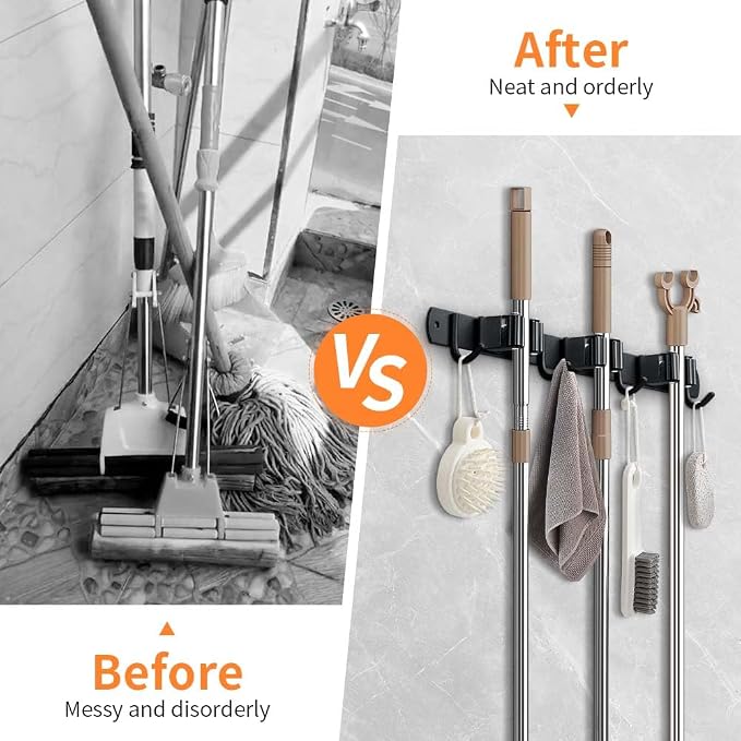 JAMEND CLXP Broom Hanger and Mop Holder, Heavy Duty Garden Tool Organizer Rack Rake and Shovel Handle, Stainless Steel Wall Mounted Utility Rack with Screws (5 Racks with 4 Hooks, Matte Black).