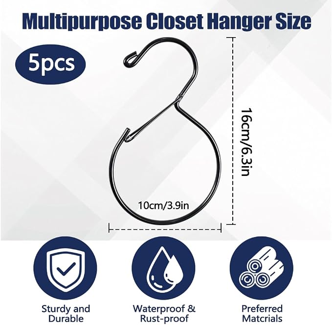5 Pack Belt Hanger for Closet, Rust-Proof Belt Organizer for Closet, Multipurpose Closet Hooks for Jeans, Scarves, Hats, Purses, Jewelries, Cords, Carabiners