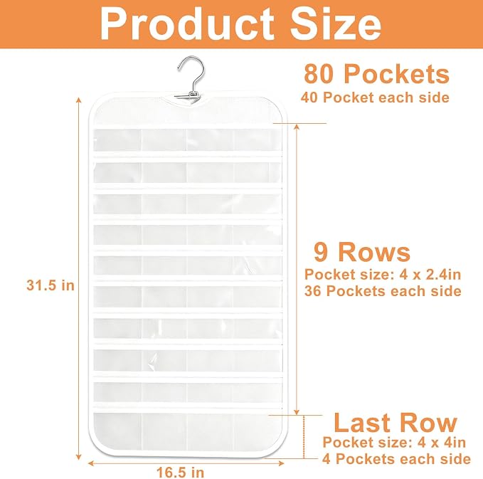 Hanging Jewelry Organizer, White, 80 Pocket | Double-Sided, For Earrings Necklace Bracelet, Clear PVC Window, For Closet, Door, Wall, Travel