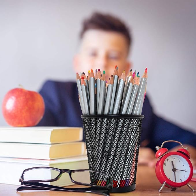 SLSON 4 Pack Pen Holder Metal Mesh Pencil Holders Round Shaped Pen Holders for Desk Office Wire Mesh Container Pen Organizer,Black