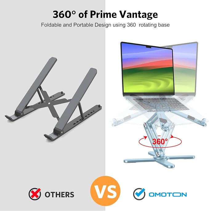 OMOTON 360° Rotating Laptop Stand Riser for Desk, Ergonomic Foldable Computer Stand Adjustable Height Angles for Collaborative Work, Easy Storage Fit Macbooks,All Laptops up to 16 inches,Sky Blue