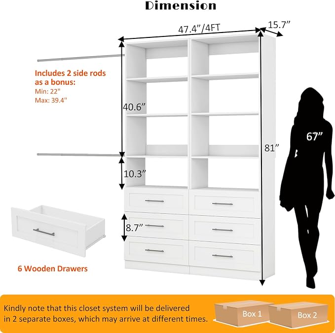 Closet Organizer System with Drawers, 4FT Wood Closet Shelving System Small Walk in Closet Standalone Corner Closets Storage with Hanging Rods White (4FT)
