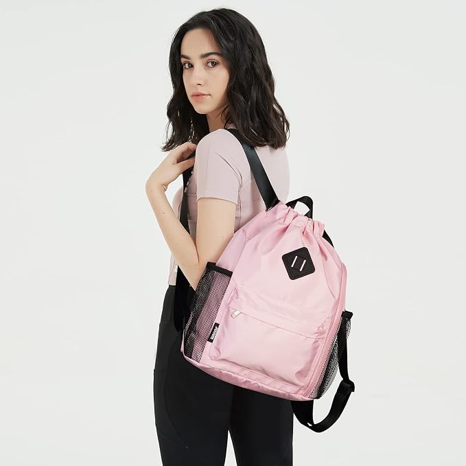 WANDF Drawstring Backpack with Shoe Compartment, Sports Gym Bag | Multi-Pocket Storage, Water-Resistant Fabric, Cinch String Bag