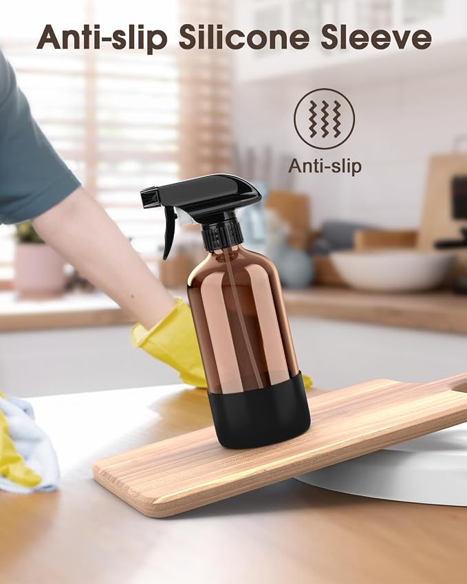 Bontip Glass Spray Bottle with Silicone Sleeve Protection, Amber Glass Spray Bottle Set for Window Cleaner Aromatherapy Facial Hydration Watering Flowers Hair Care 2 Pack/16 oz (Black & Brown)