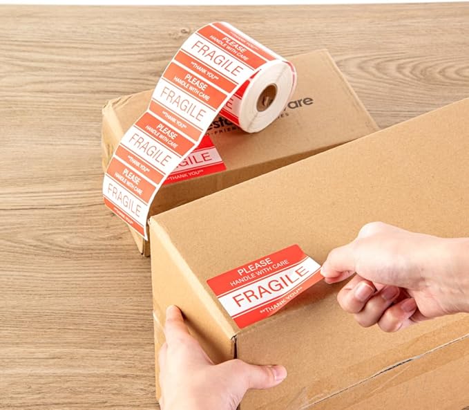 Restaurantware Label Tek 3 x 2 Inch Packaging Stickers 500 Premium Shipping Labels - Handle with Care Sustainable Red and White Paper Inventory Stickers High-Visibility with Strong Adhesives