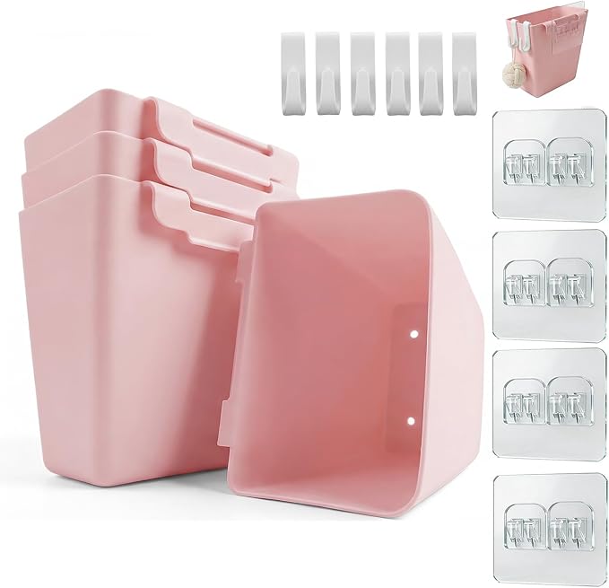 4 Pack Rolling Cart Accessories, Pink Craft Cart Cup Holder and 6 Hooks for Utility Carts, Adhesive Kitchen Cabinet Door Storage, Space-Saving Wall Mount Organizer for Bathroom, Office, Makeup