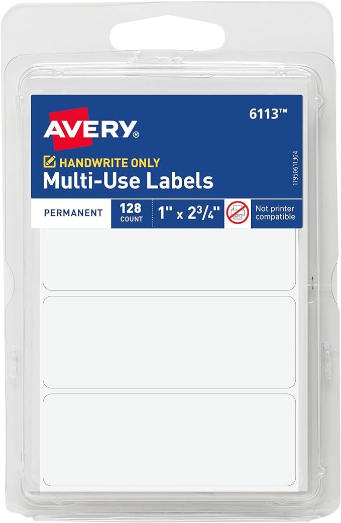 Avery Multi-Use Removable Labels, 1" x 2.75", White, Non-Printable, 128 Blank Labels Per Pack, 4,608 Total (36 Packs of 6113)