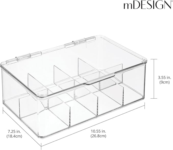 mDesign Plastic Divided First Aid Storage Box Kit with Hinge Lid for Bathroom, Kitchen, Cabinet, Closet - Organize Medicine, Ointments, Adhesive Bandages, Dental - 8 Sections, 2 Pack - Clear