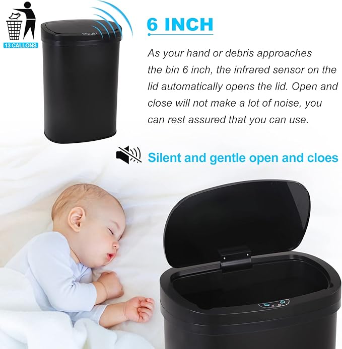 Bigacc Kitchen Trash Can | Stainless Steel 13 Gallon Trash Can | 50L Touch Free Garbage Can with Lid | Electronic Motion Sensor Automatic Trash Bin High Capacity for Kitchen Bathroom Office, Black