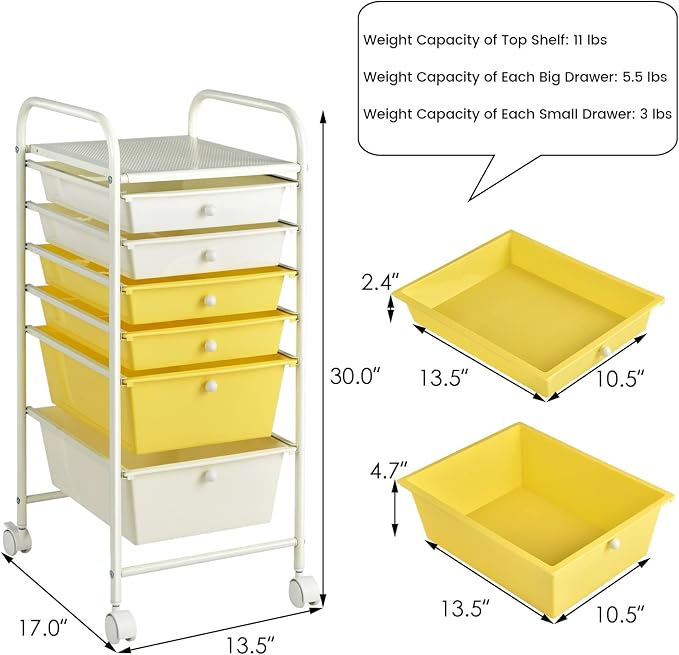 DREAMADE Rolling Cart With Storage Drawers, Utility Cart With Removable Plastic Drawers, Lockable Wheels for Classroom Organization, Art Supplies, Office, Scrapbook (6 Drawers, Yellow)