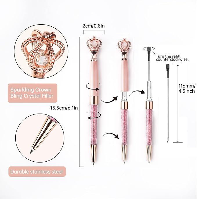 YOUMI Ballpoint pen, 3Pcs Crown Crystal Metal Pen, Sparkling Cute Pen, Personalized Crystal Pens，Black Ink Rhinestones Pen,Glitter Diamond Pen (set 2)