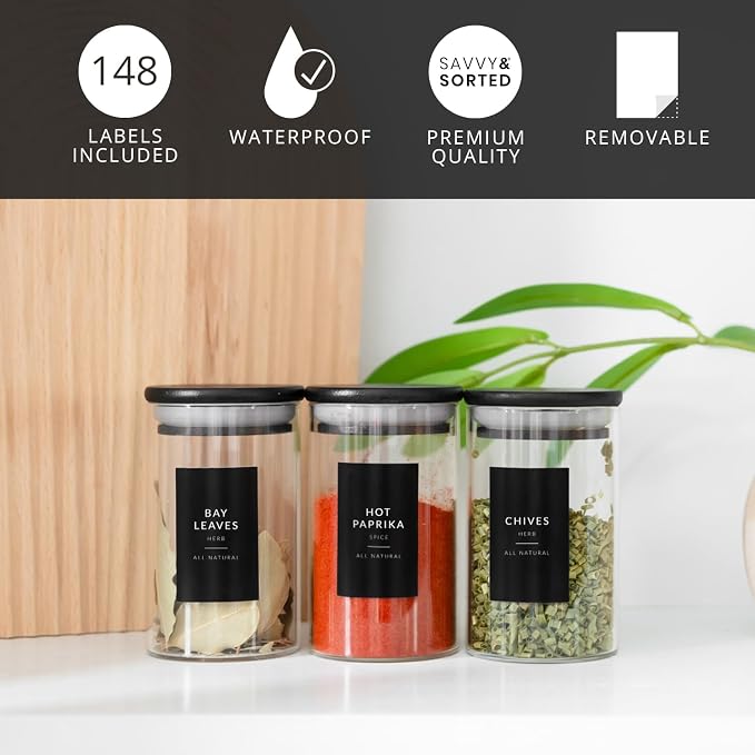 Black Spice Labels for Glass Jars, 148 Spice Jar Labels Stickers Preprinted Waterproof, Rectangle Herb Seasoning Stickers Containers Kitchen Pantry Organization