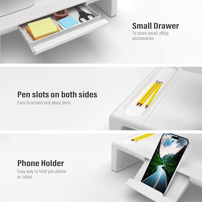 Monitor Stand Riser with Drawer & Phone Holder, Foldable Desk Organizer | Adjustable height laptop riser, built-in pen slot, space saving desktop organizer for home office White