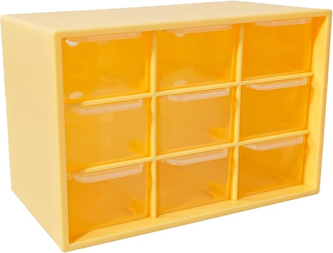 Small Drawer Organizer for Desk, 7.1" x 3.8" x 4.6" Mini Desktop Drawer Organizer with 9 Clear Drawers, Compact Craft & Office Supplies Organizer for Home School (Yellow)