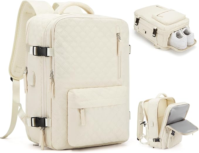 WONHOX Travel Carry On Backpack for Women, Waterproof Laptop Backpack for Traveling on Airplane Hiking Gym Backpack with USB Charging Port Shoe Compartment, Beige