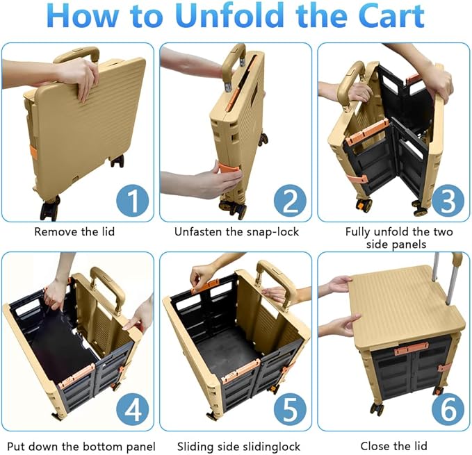 FELICON SELORSS Foldable Utility Cart Folding Portable Rolling Crate Handcart with Durable Heavy Duty Plastic Telescoping Handle Collapsible 4 Rotate Wheels for Travel Shop Move Luggage Office(Khaki