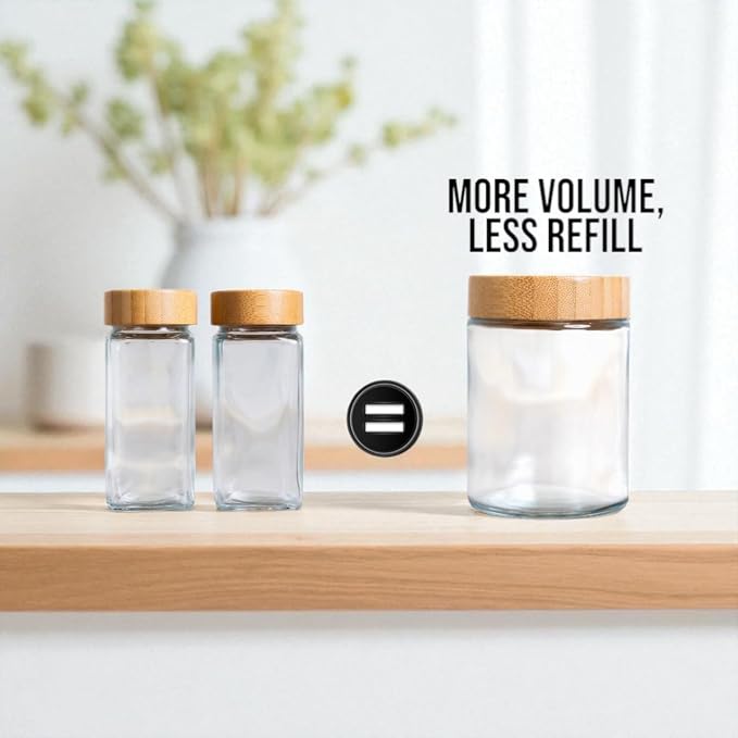 Glass Spice Jars & Labels- 8oz with Bamboo Lids - Spice Containers with 360 labels, Bamboo Lids & Measuring Spoons - Pantry Organization Storage Set for Spices Herbs Seasonings (12)