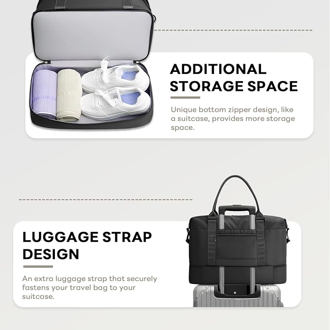 TANTOMI Travel Duffle Bag for Women Personal Item Travel Bag with Shoes Compartment, Weekender Overnight Bag Carry On Duffle Bag Tote Gym Bag for Travel, Sports, Hospital, Dance, Black