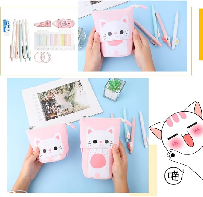 iSuperb Standing Pencil Pouch Pencil Case Cute Cat Telescopic with Zipper Canvas Kwaii Cartoon Pencil Bag Stationery Box for Kids Girls Boys School Supplies 7.5 x 4.9 x 3.0inch/4.1x 3.0inch