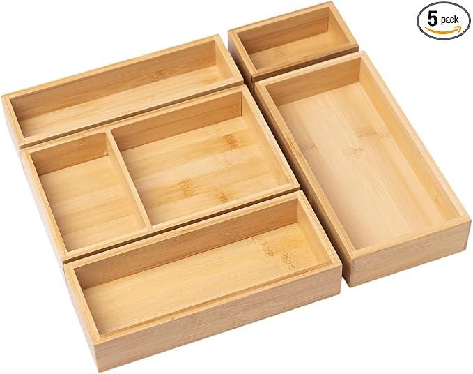 Bamboo Drawer Organizer Set, 5 Piece | Modular Wooden Storage Trays, Kitchen, Bathroom, Vanity Office Desk, Decluttering Solution, Makeup, Jewelry Office Supplies