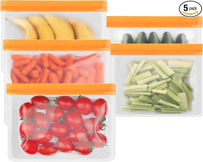 5 Pack Sandwich Bags, Extra Thick BPA Free, Dishwasher & Freezer Safe Food Storage Bags for Lunch, Snacks & Home Organization (Orange, 5 Pack Sandwich Bags)