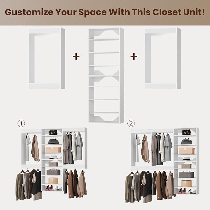 ROOMTEC Modular Closet System, 66" Wall-Mounted Closet Organizer with Hanging Rods and Shelves, Wooden Tower for Walk-In Closets, Wardrobe Storage Kit, White