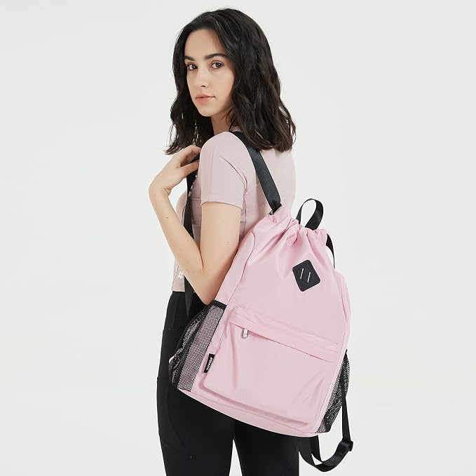 WANDF Drawstring Backpack with Shoe Compartment, Sports Gym Bag | Multi-Pocket Storage, Water-Resistant Fabric, Cinch String Bag