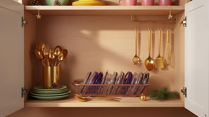 2Pack Stainless Steel Tumbler Cup Lid Organizer Inside Cabinet, Mason Jar Lid H, Rectangular Basket for Storage of Silverware, Chopsticks, straws and Utensils, Rosegold