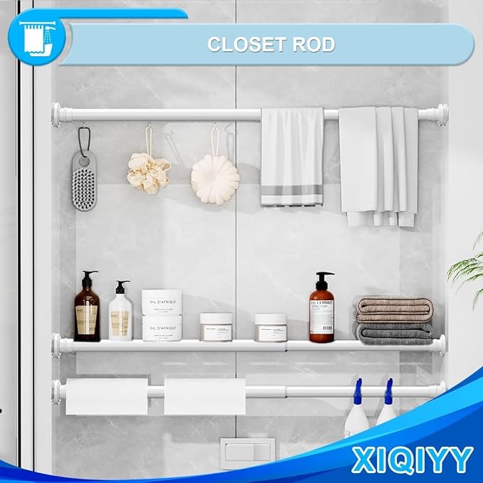 White Tension Rod 28-48 Inch, Small Shower Curtain Rod, Adjustable | Short Shower Rod with Heavy Duty Spring Design, Suitable for Windows, Doors and Bathroom Use