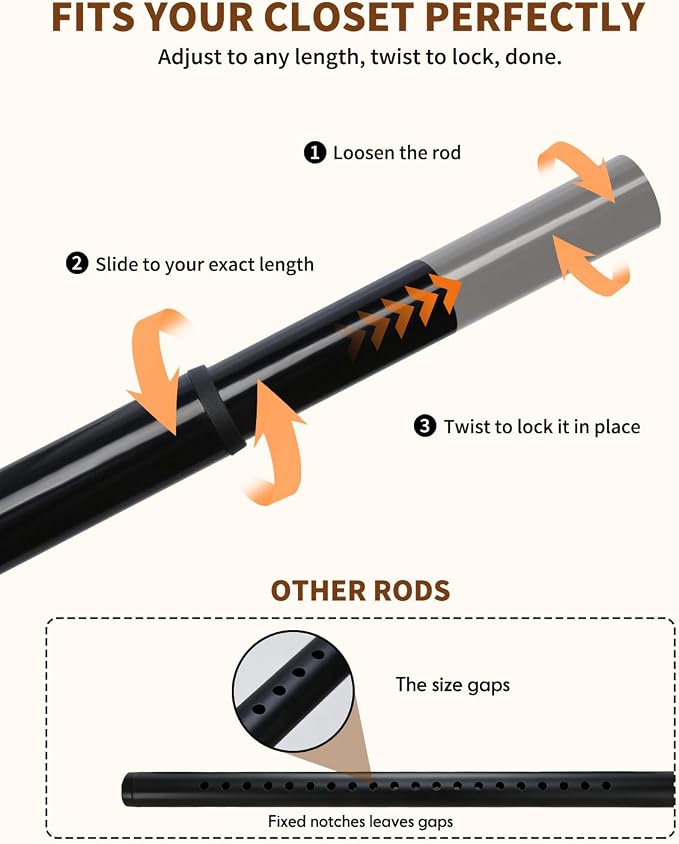 Closet Rods for Hanging Clothes, 18-92 Inch Stepless Adjustable Closet Rod, Heavy Duty Metal Closet Hanging Rod with Closed-Ring Brackets, Multi-Use Clothes Bar for Wardrobe Laundry Room RV, Black