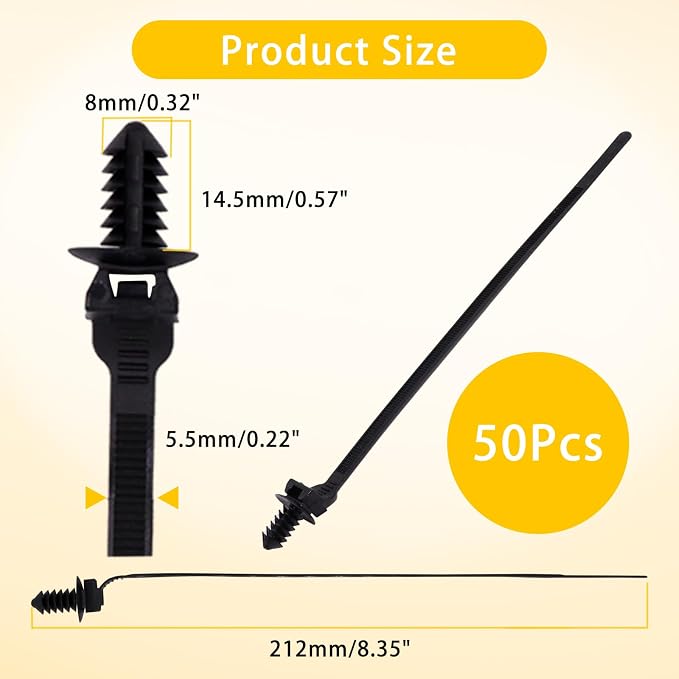 50 PCS Push Mount Zip Ties, 8.3 Inch Nylon Car Mount Wire Ties Snap in Cable Zip Ties, Black Push Mount Cable Ties Automotive Zip Ties Wire Harness Clips for Wire Tying (8.3" L x 0.2" W)