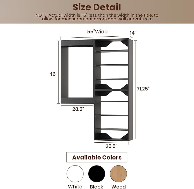 ROOMTEC Modular Closet System, 55" Wall-Mounted Closet Organizer with Hanging Rods and Shelves, Wooden Tower for Walk-In Closets, Wardrobe Storage Kit, Black