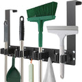 Over The Door Broom and Mop Holder, Heavy Duty Stainless Steel Organizer with 4 Slots and 3 Hooks, No Drilling Space Saving Tool Hanger for Kitchen, Laundry Room, Closet, and Garage - Black