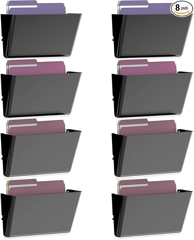 MINDEPOT 8 Pockets Acrylic Wall File Organizer, Clear Wall File Holder, Plastic Hanging Wall File Holder for Office, School and Home, Black