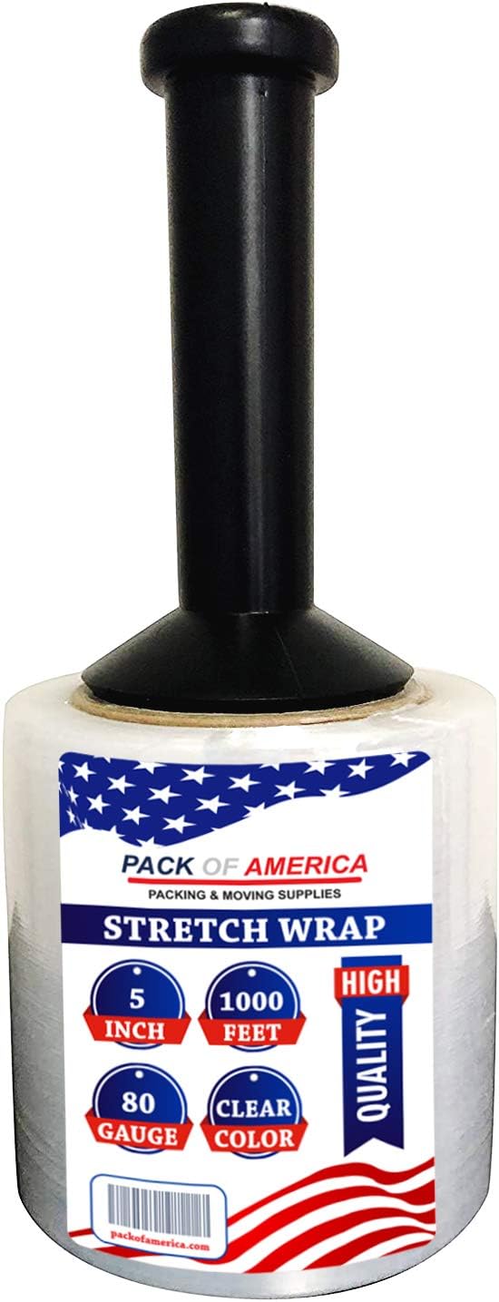 Pack of America Mini Stretch Film - 16 Rolls with Handle, 5” x 1000 Feet, 80 Gauge (20 Micron) Industrial Heavy Duty Plastic Shrink Wrap and Dispenser for Packing, Shipping, Pallet, Moving Supplies