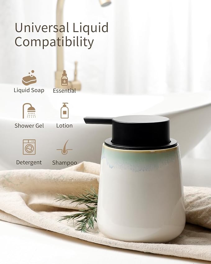 Bosilunlife 12Oz Ceramic Foam Soap Dispenser for Bathroom Kitchen Counter | Premium countertop foam pump creates delicate dense foam, stable desktop placement, Blue-Green Rim