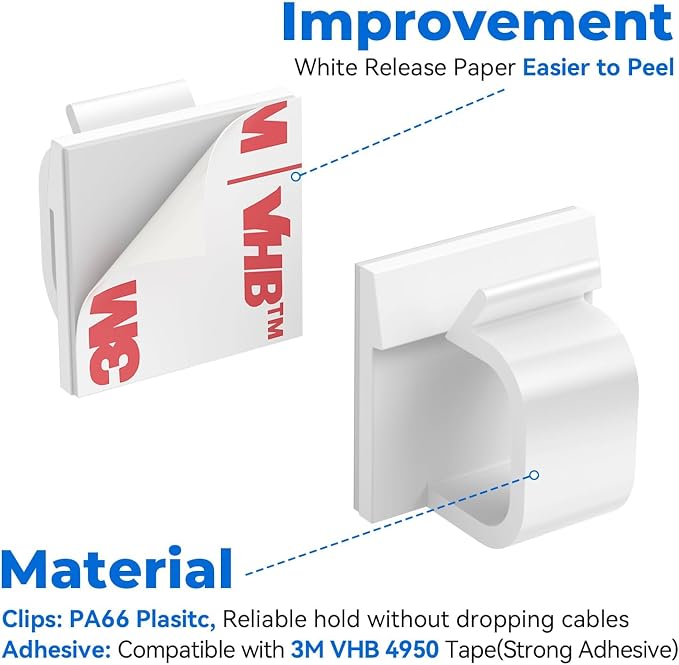 Large Cable Clips 40pcs with Strong Adhesive Tapes,Wire Holder Organizer Cord Management for Car, Office and Home (White- L04(40PCS))