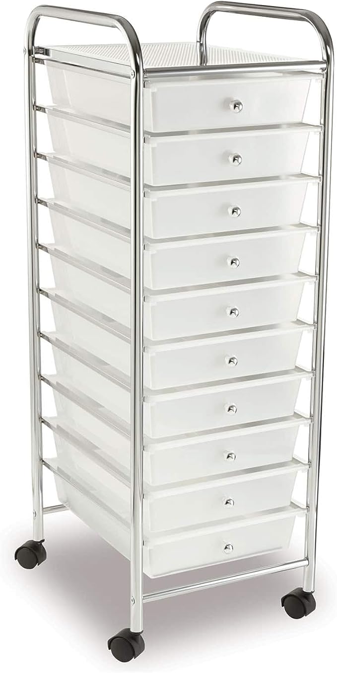Simply Tidy 10 Drawer Clear Rolling Cart - Mobile Organizer with Removable Drawers, Swivel & Locking Casters, Durable Tubular Frame - 1 Set