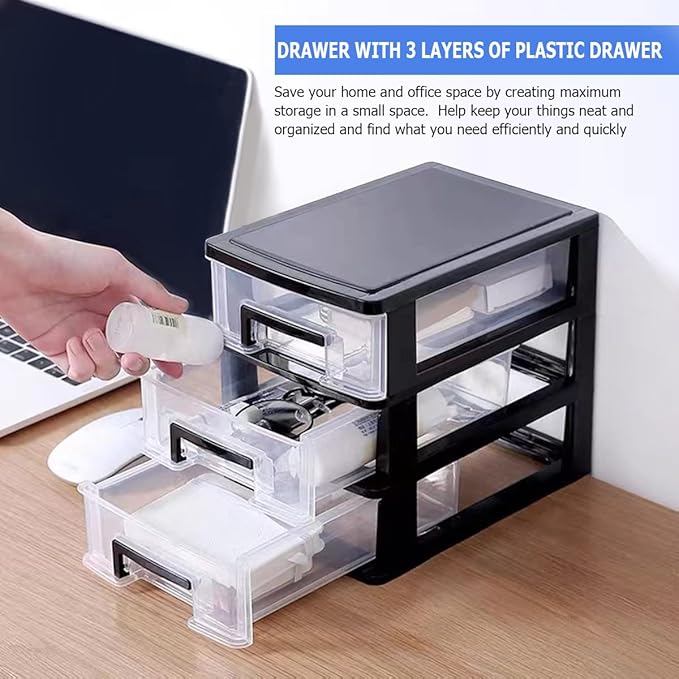 3 Tier Plastic Drawer Organizer Storage Box for Desk, Cosmetics, Jewelry, Office Supplies, Home Organization (8.46" x 5.9" x 7.48")