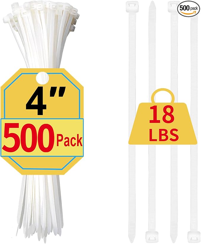 Small Zip Ties 4 Inch, 500 Pack, Mini White Cable Ties for Electronics, Wires, Nylon/Plastic Clear Zip Ties for Home Improvement, Office & Outdoor Use, 18lb Tensile Strength.