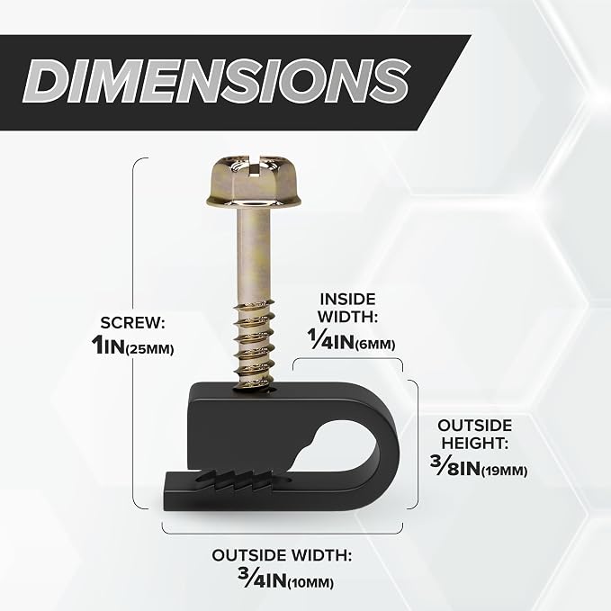 THE CIMPLE CO Single Cable Clips with Screws - 1/4 Inch Coaxial Cable Clamps Outdoor - Exterior Cord Management for Coax, CAT Ethernet, Electrical Wire - Screw Clamps for Wires - 50 PCS, Black